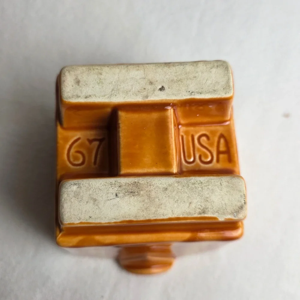 Vintage MCM Hull Persimmon Orange Drip Glaze Square Ceramic Candle Holder 67 USA